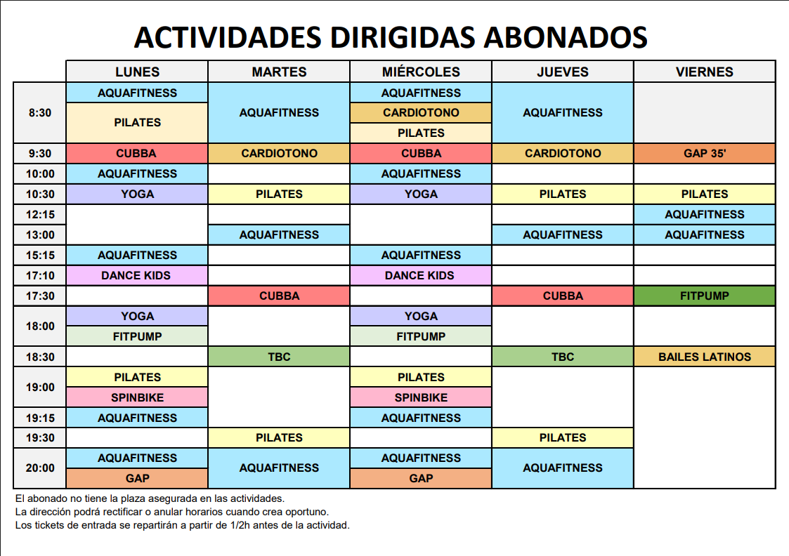 HORARIO ACTIVIDADES DIRIGIDAS ABONADOS 2026